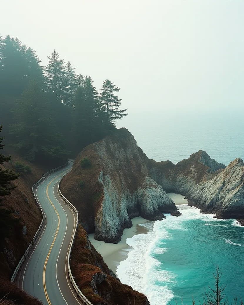 A coastal highway curve above a turquoise cove