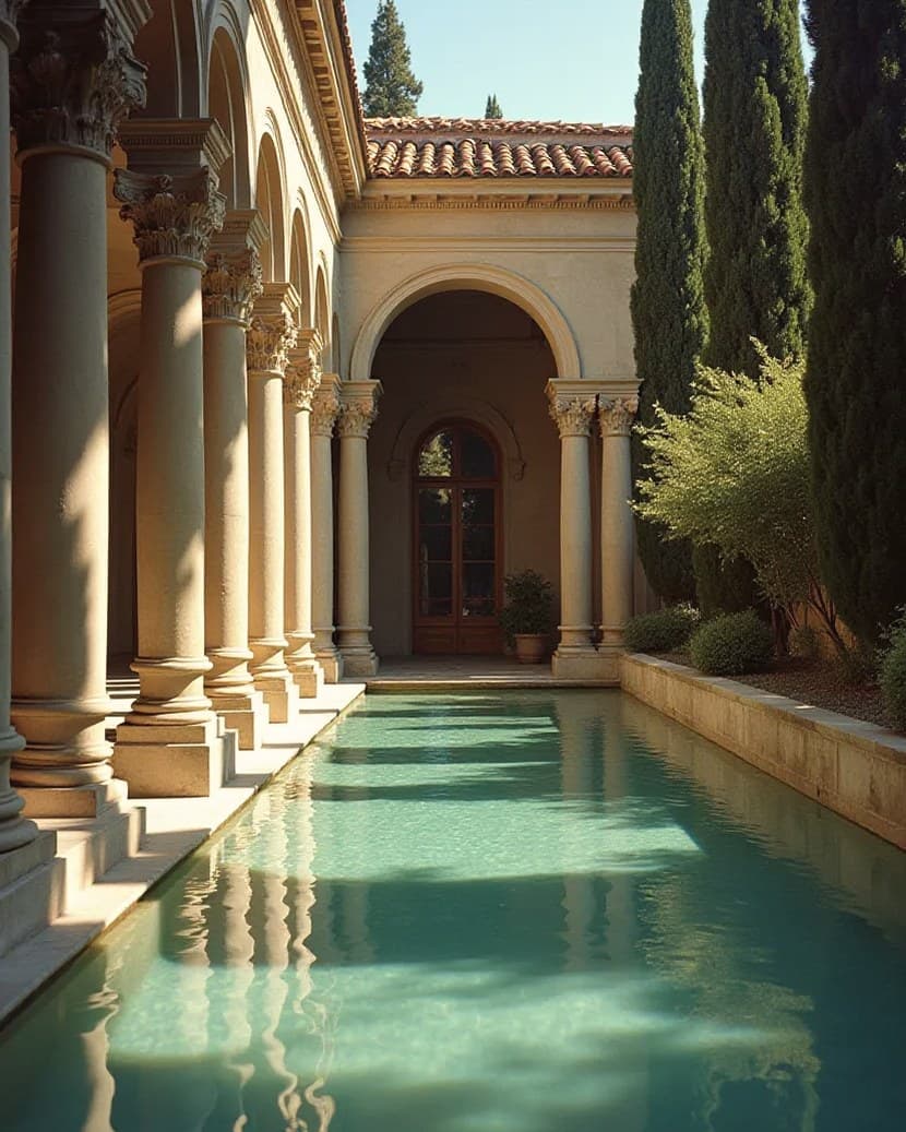 A Roman villa colonnade and reflecting pool