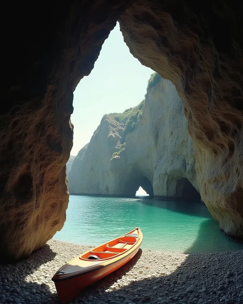 A sea kayak on a Channel Islands cove