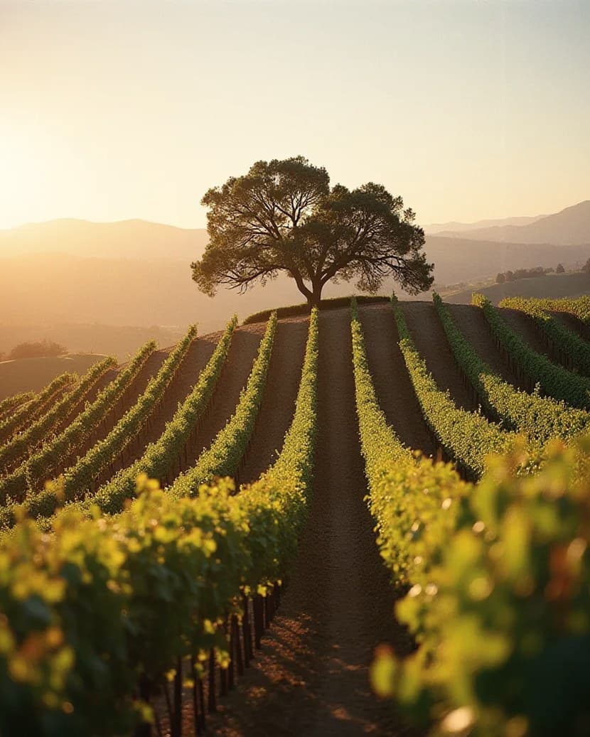 Vineyard rows in the Santa Ynez Valley at golden hour